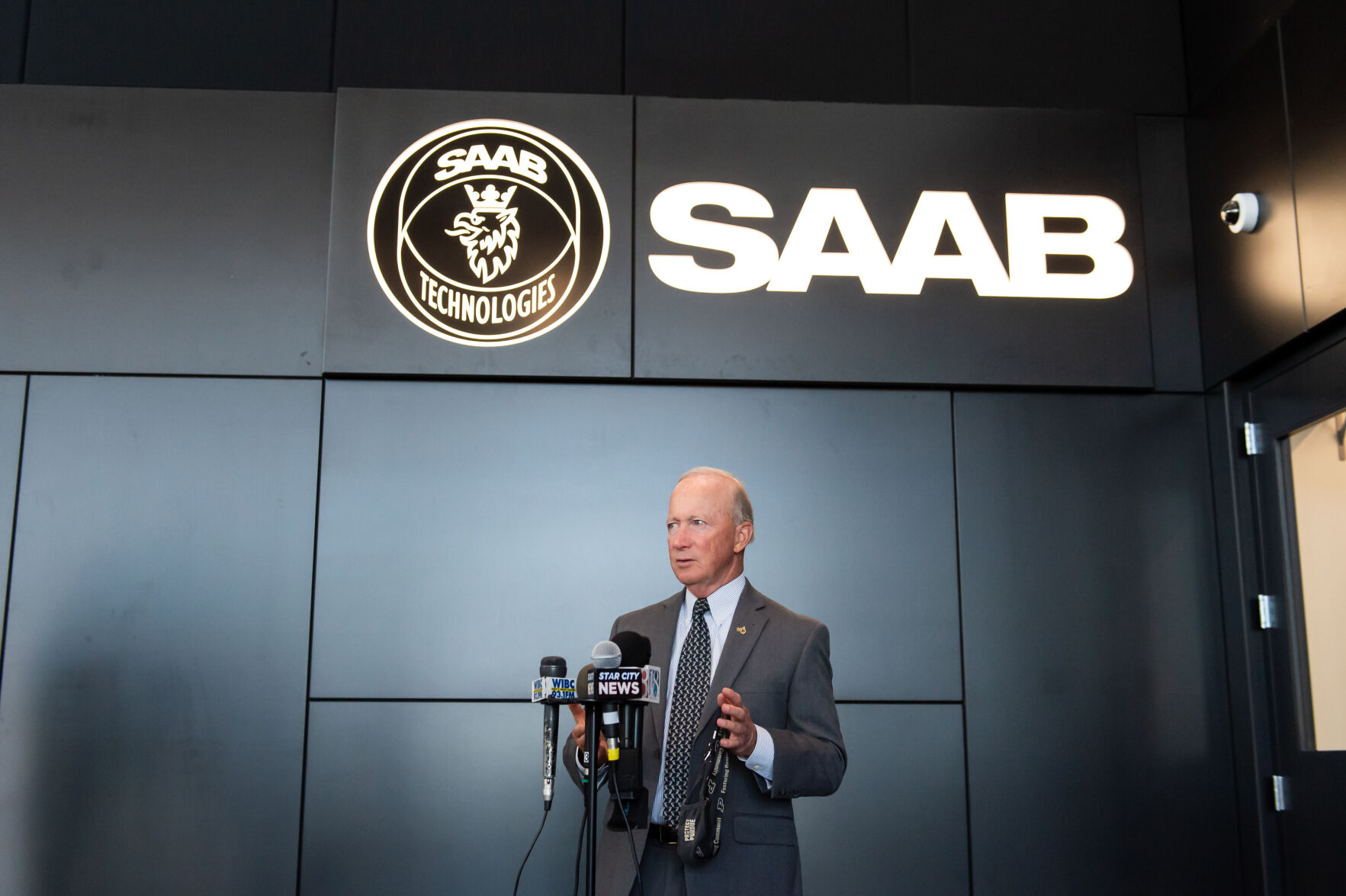 10/13/21 Saab Grand Opening, Mitch Daniels speaks to the press